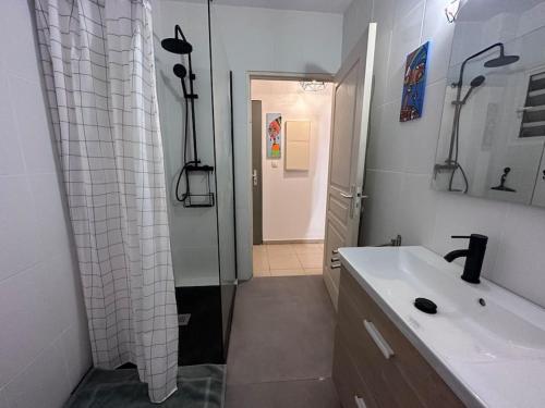 een witte badkamer met een wastafel en een douche bij Studio Bellepierre in Saint-Denis