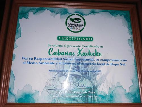 un certificat d’excellence dans un certificat d’excellence dans l'établissement Cabaña Kaiheke, à Hanga Roa