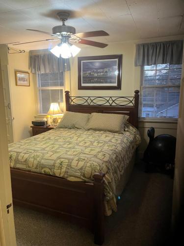 a bedroom with a bed and a ceiling fan at Charleston, SC themed - PRIVATE 1 QUEEN BED 1 BATH APARTMENT 2 FUTONS THAT FOLD OUT FLAT TO SLEEP ON & LEATHER LOVE SEAT GAS LOGS IN LIVING ROOM FULL KITCHEN POKER BUMPER POOL TABLE CONVENIENTLY LOCATED IN COLUMBIA SOUTH CAROLINA 1 QUEEN BED & 2 SOFA BEDS in Columbia