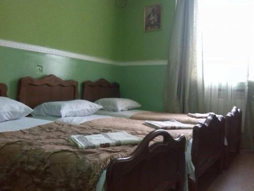 two beds in a bedroom with green walls and a window at Hostel Georgia in Kutaisi