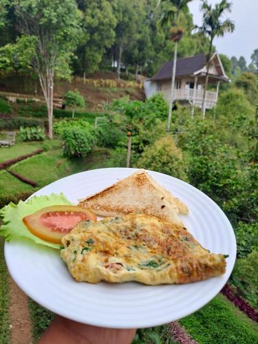 a white plate with a slice of pizza and toast at Garden Terrace Bali in Gobleg