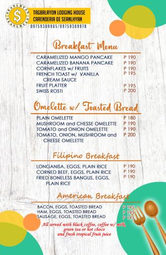 a menu for a restaurant with a fork at TAGBALAYON Lodging House in Siquijor