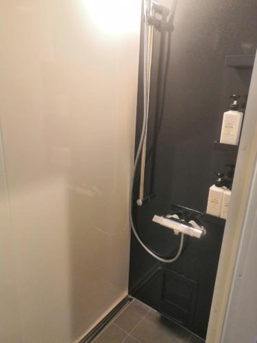 a shower stall in a bathroom with a sink at The Kura in Iiyama