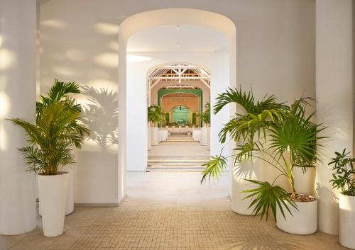 LUX* Belle Mare Resort & Villas في بيل مار: مدخل مع نباتات الفخار في مبنى