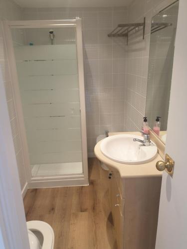 a bathroom with a sink and a shower and a toilet at Ático Montblanc Zona Baja in Sierra Nevada