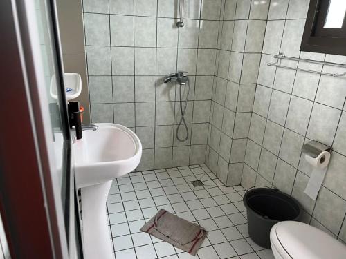 a bathroom with a shower with a sink and a toilet at Joel House deido in Douala