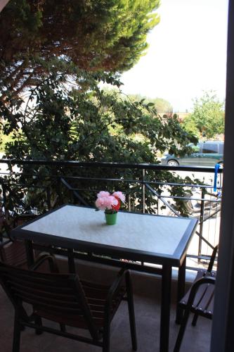 a table with a vase of flowers on a balcony at Sunray Studios Stavros in Stavros