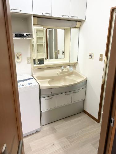 a bathroom with a sink and a washer and dryer at Matsuyamachi Dotonbori Condo in Osaka