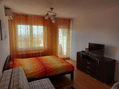a bedroom with a bed and a tv and window at Sweet Apartment in Belgrade