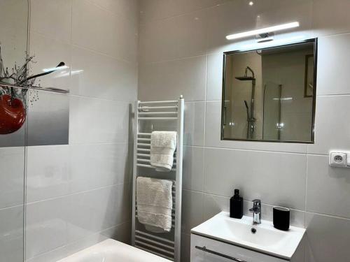 a bathroom with a sink and a mirror and a shower at Modern flat in Central Prague in Prague