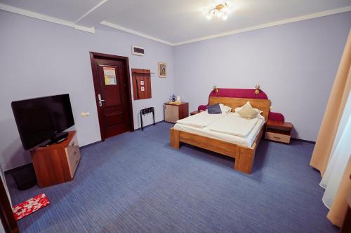 a bedroom with a bed and a flat screen tv at Conacul Domnesc in Suceava