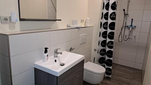 a white bathroom with a sink and a toilet at Fewo unter der Kühlung in Bastorf
