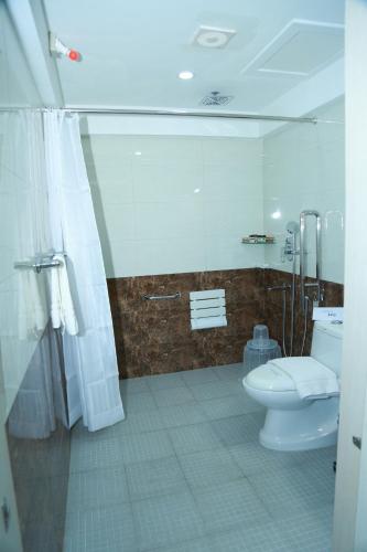 a bathroom with a toilet and a shower at Hotel Idukki Castle in Idukki