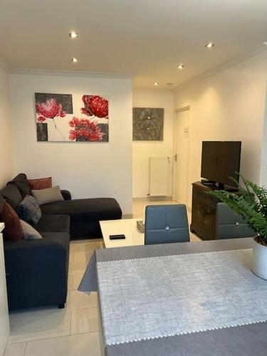 un salon avec un canapé et une télévision dans l'établissement L'Etoile MC / Maison à 30min de Paris, à Cormeilles-en-Parisis