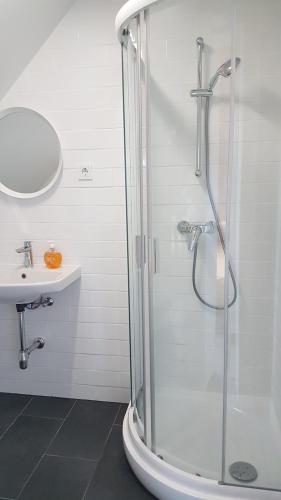 a bathroom with a shower and a sink at Niedras in Biksti