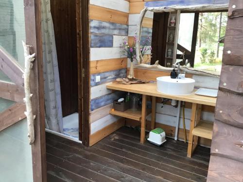 ein Bad mit einem Waschbecken und einem Spiegel in der Unterkunft Treehouse Čiekurs in Duķuri