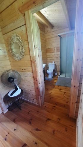 a room with a bathroom with a toilet and a fan at Chalet de la Mer Cassée in Saint-Philippe