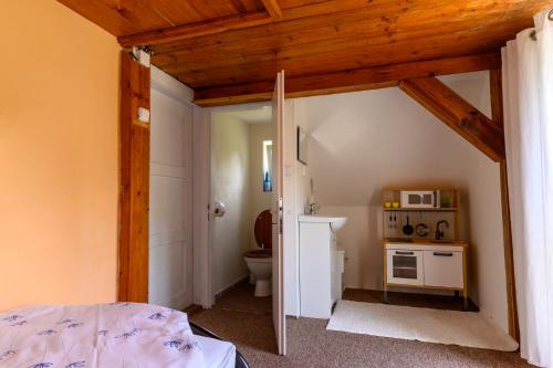 a room with a bathroom with a toilet and a bed at Kovářská vyhlídka in Kovářská