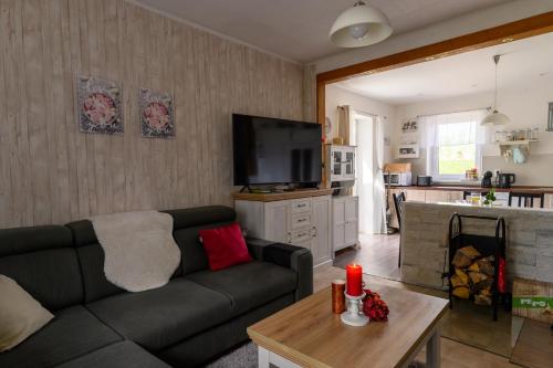 a living room with a couch and a tv at Kovářská vyhlídka in Kovářská