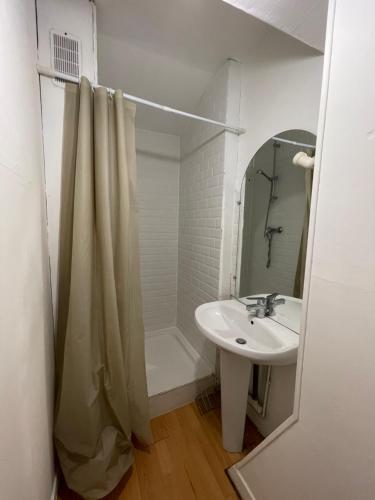 La salle de bains blanche est pourvue d'un lavabo et d'une douche. dans l'établissement T3 Coeur de Pont de L'Arche, à Pont-de-lʼArche
