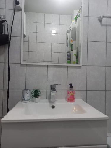a bathroom with a white sink and a mirror at Apartman Sky in Bijeljina