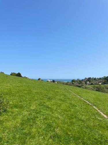 uma colina verde relvada com um céu azul em Fairlight Cove em Fairlight