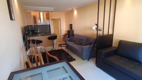 sala de estar con sofá y cocina en 177 Port Capist E75, en Cap d'Agde