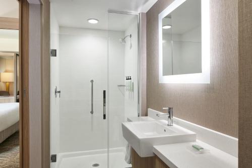 a bathroom with a sink and a shower with a mirror at SpringHill Suites by Marriott Frederica in Frederica