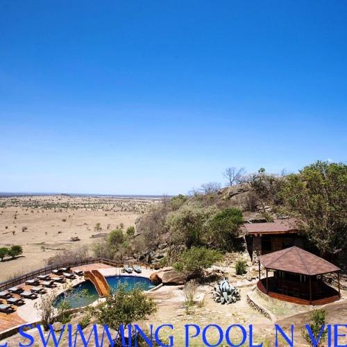a swimming pool in the middle of a desert at Lobo Wildlife Lodge in Serengeti