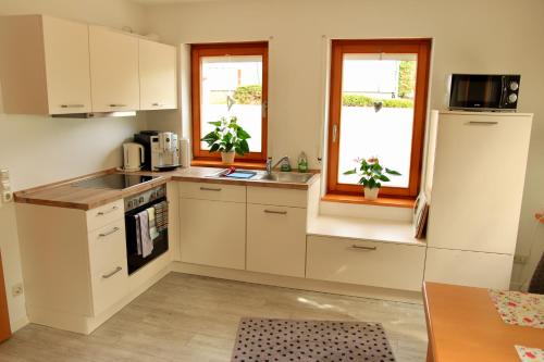 a small kitchen with white cabinets and windows at Catalena in Radolfzell am Bodensee