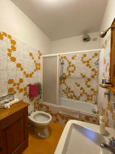 y baño con ducha, aseo y lavamanos. en FALORIA APARTMENT en Cortina dʼAmpezzo