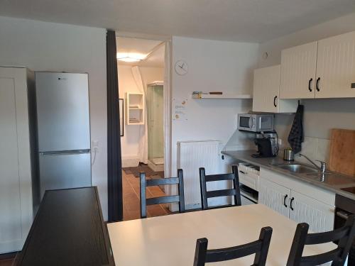 uma cozinha com uma mesa e cadeiras e um frigorífico em STUDIO Wohnung 34m², Kreuzbergl (1-2 Gäste) em Klagenfurt
