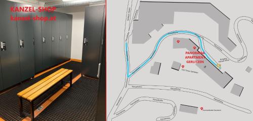 a map and a bench in a locker room at Panorama Apartment Gerlitzen in Treffen