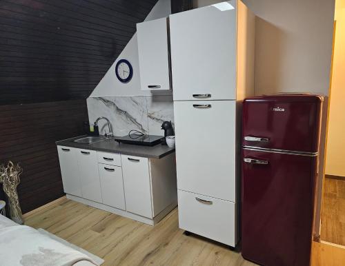 a kitchen with a white refrigerator and a sink at Soba 7 Pekrska vila in Limbuš