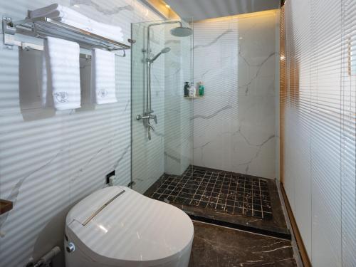 a bathroom with a toilet and a glass shower at Moon River View Hotel in Fenghuang