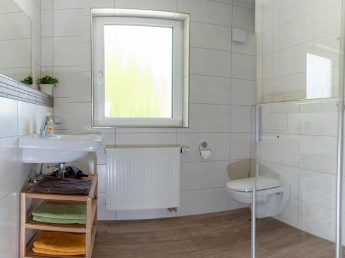 a bathroom with a toilet and a sink and a window at Hof am Horn - Fewos in der Natur in Laichingen