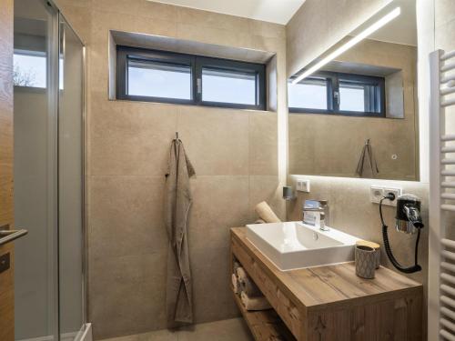 a bathroom with a sink and a mirror at Bachgeflüster in Itter