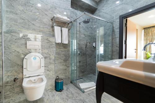a bathroom with a shower and a toilet and a sink at Fevzi Hoca Otel in Trabzon