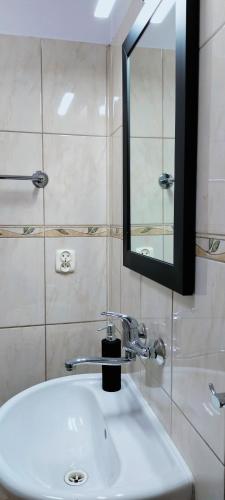 a bathroom with a white sink and a mirror at KAMIENICA Pokoje & Restauracja in Opalenica