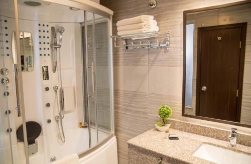 bagno con doccia, lavandino e specchio di HOTEL dGATES a Lahore