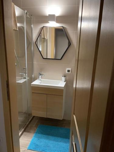 a bathroom with a sink and a mirror and a shower at Garden Rovinj in Rovinj