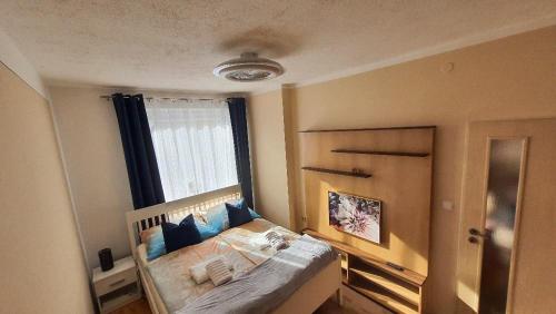 Un dormitorio con una cama con almohadas azules y una ventana en Apartmán U Pošty Králíky, en Králíky