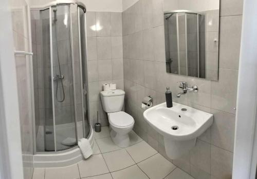 uma casa de banho com um chuveiro, um WC e um lavatório. em KAMIENICA Pokoje & Restauracja em Opalenica