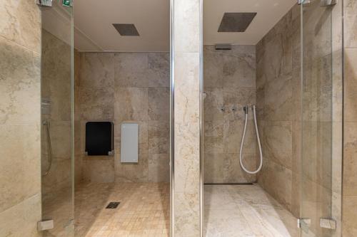 サンクト・ジョアン・イン・チロルにあるMartinshofのバスルーム(ガラスドア付きのシャワー付)