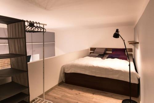 ein Schlafzimmer mit einem Bett und einem Bücherregal in der Unterkunft Budapest Boulvard Green in Budapest