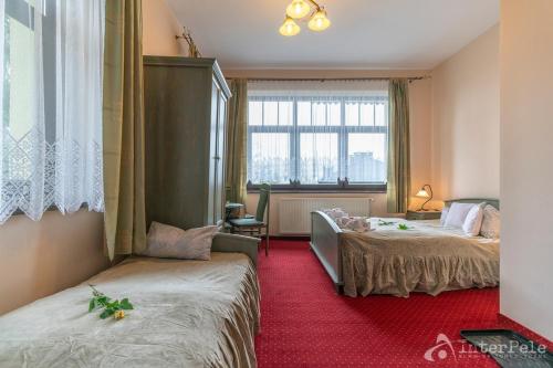 シュクラルスカ・ポレンバにあるWilla Słoneczna Róża pokoje w centrumのベッド2台と窓が備わるホテルルームです。