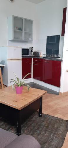 une cuisine avec des placards rouges et une table en bois dans l'établissement EMERAUDE, à Nantes