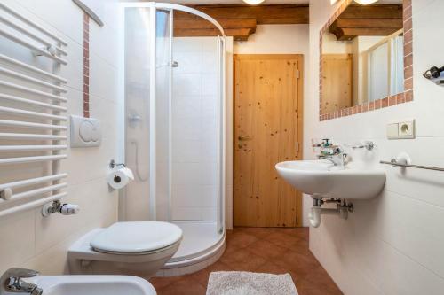 La salle de bains est pourvue d'une douche, de toilettes et d'un lavabo. dans l'établissement Gfinkerhof Mendel, à Vols am Schlern