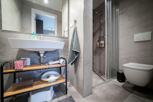 a bathroom with a sink and a toilet at Trio Harrachov in Harrachov