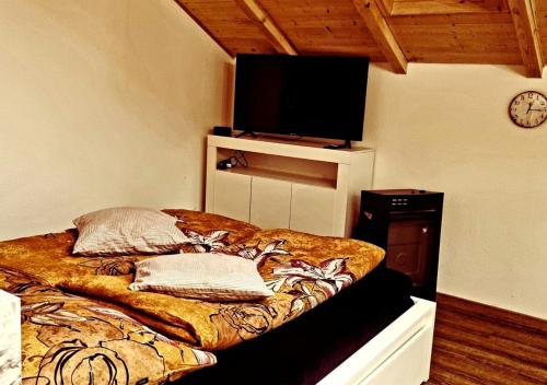 a bedroom with a bed with a tv on the wall at VIP Suite - Game Changer Hof in Eging am See